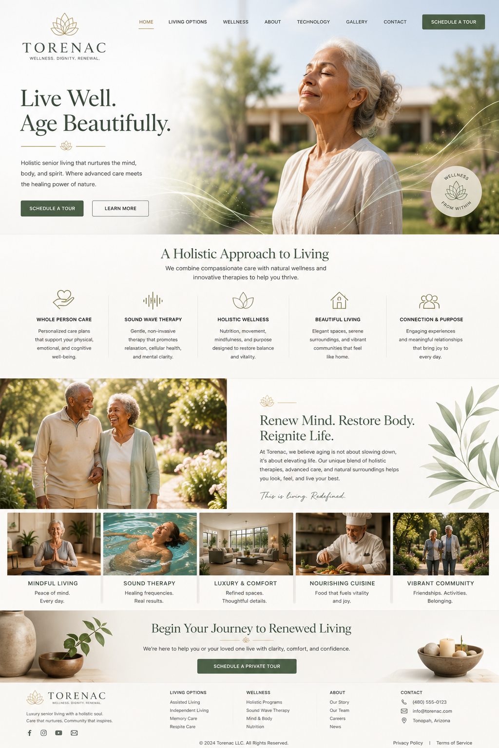 Torenac landing page: Live Well. Age Beautifully. Holistic senior living with sound wave therapy, wellness, luxury comfort, nourishing cuisine, and vibrant community.